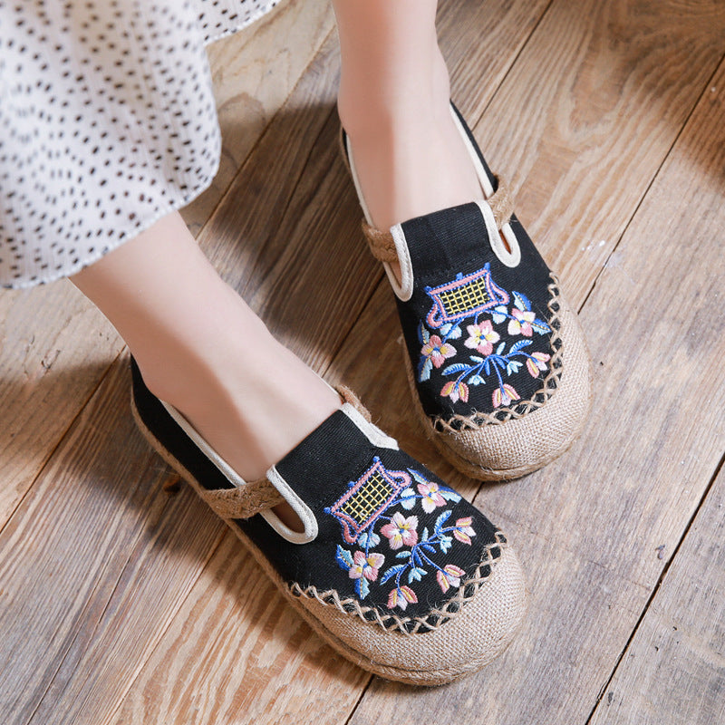 Mori Fresh Shallow Mouth Pumps Handicraft Sewing Canvas Shoes