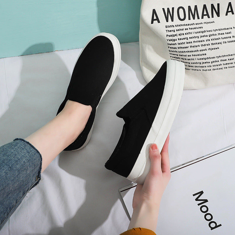 Women's Black Slip-on Korean Versatile White Platform Canvas Shoes