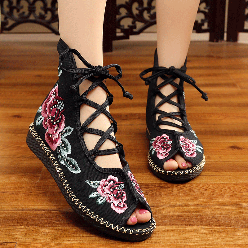 Women's Old Beijing Cloth Embroidered Flat Open Sandals