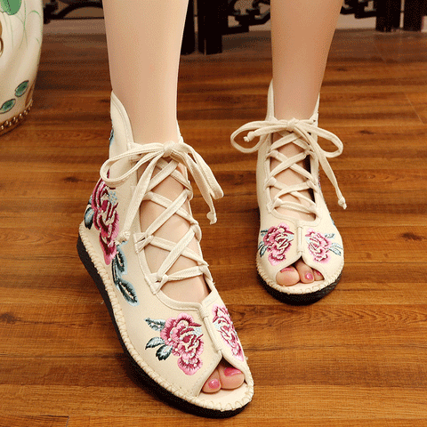 Women's Old Beijing Cloth Embroidered Flat Open Sandals