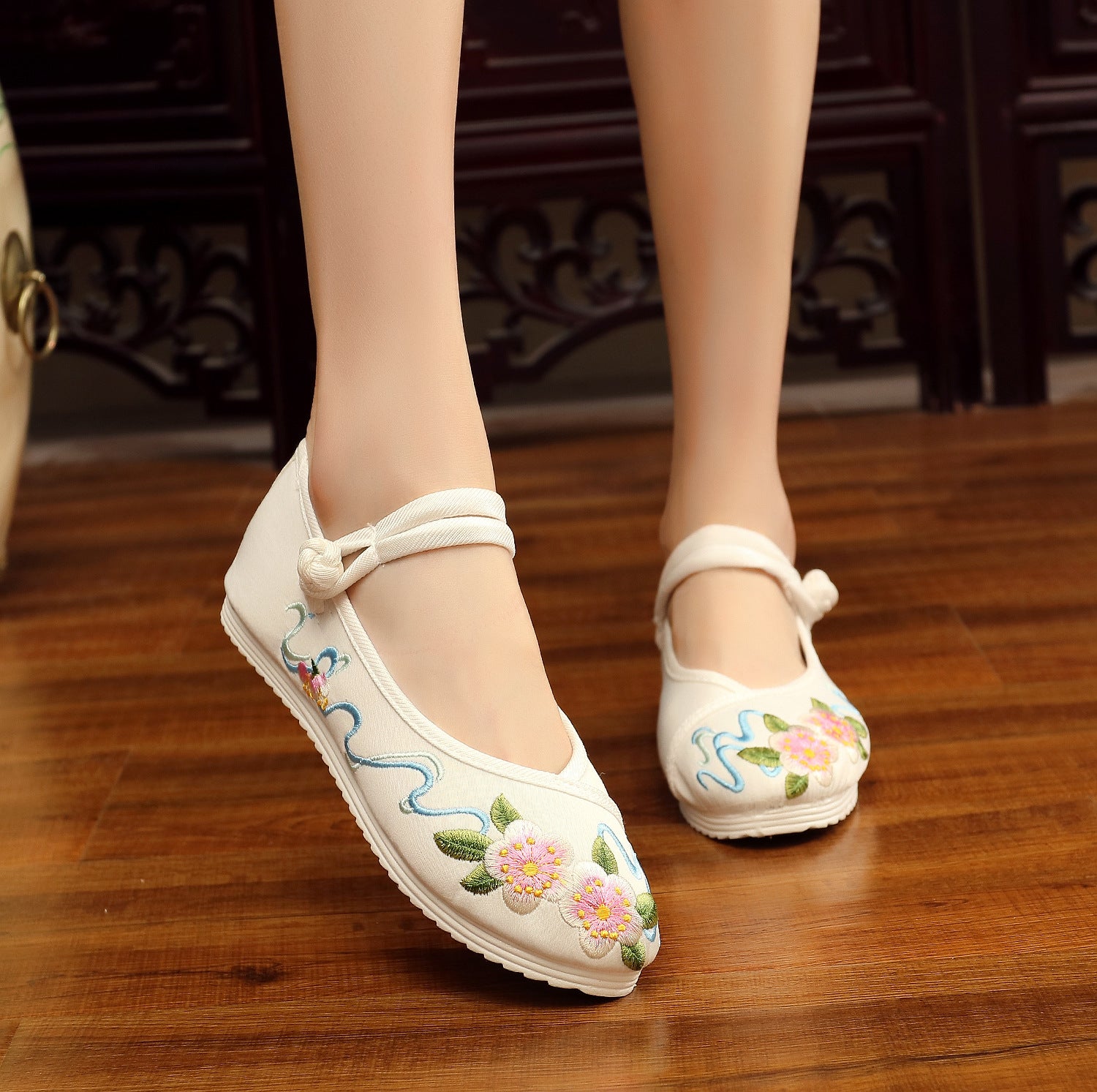 Women's Clothing Embroidered Buckle Height Increasing Insole Canvas Shoes