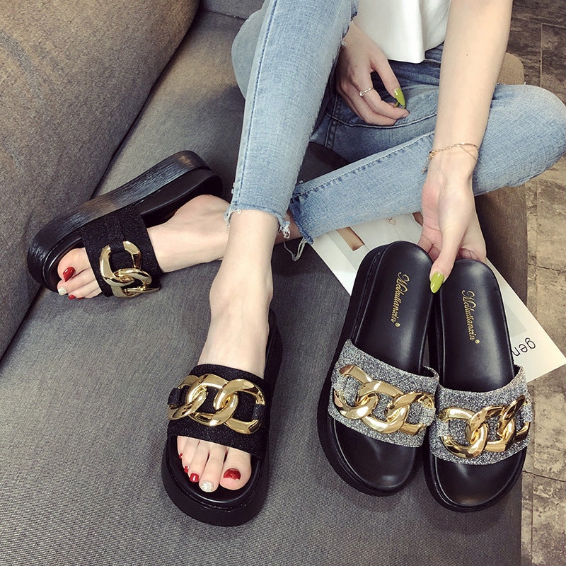 Women's Chain Outer Wear Platform Fashion Large Slippers
