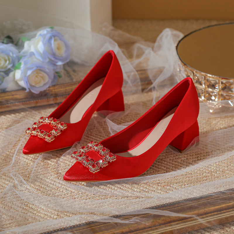 Women's Red High Rhinestone Wedding Chunky Banquet Women's Shoes