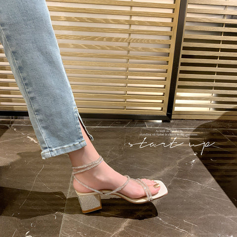 Glamorous Women's Transparent Rhinestone Strap Chunky Heels