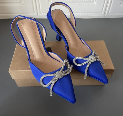 Women's Blue Rhinestone Butterfly Knot High Mules Sandals