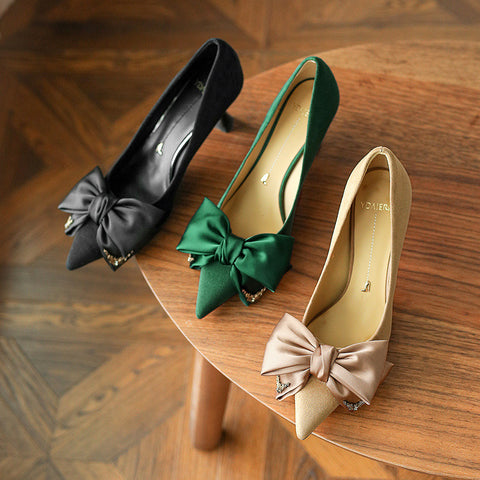 Women's Bowknot Autumn Authentic High Stiletto French Women's Shoes