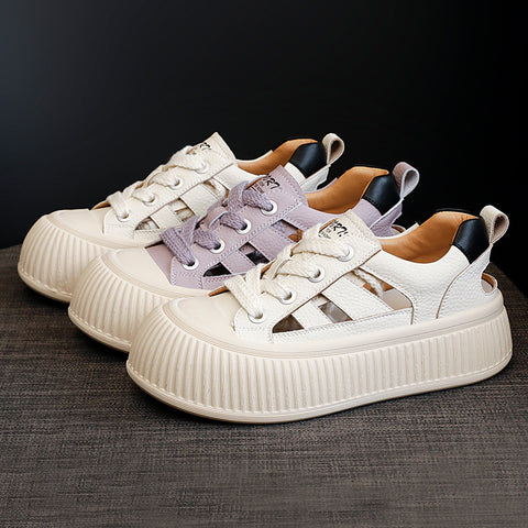 Slouchy Graceful Women's Hollowed Genuine White Sneakers