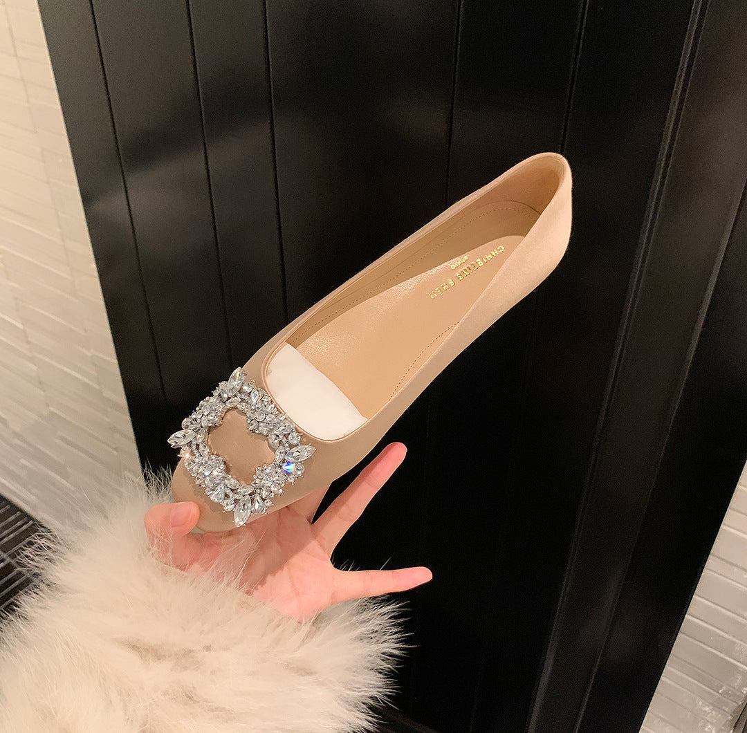 Women's Rhinestone Square Buckle Shallow Mouth Flat Women's Shoes