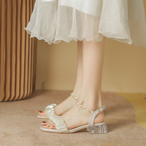 Women's Summer Crystal Thick Fairy Style Pleated Heels