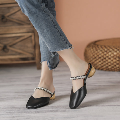 Women's Outer Wear Genuine Black Pointed Slip-on Low Heels