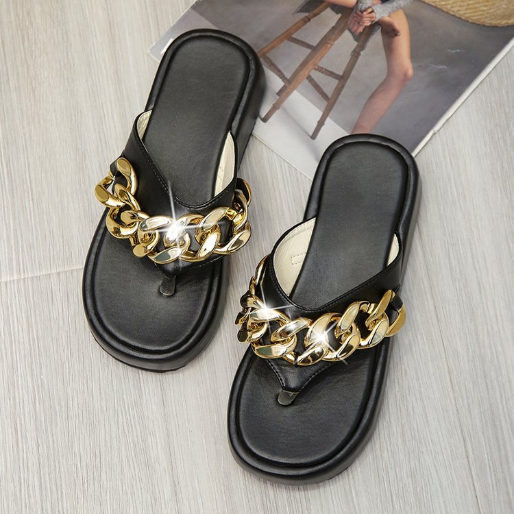 Women's Size Thick Low Flat Metal Chain Slippers
