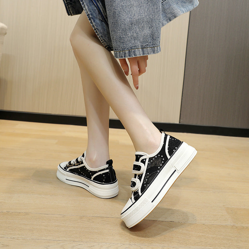 Women's Hollow Mesh Breathable Thick Bottom Height Increasing Canvas Shoes