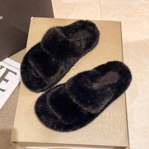 Women's Large-size Thick-soled Flat-soled Thermal Fluffy Slippers