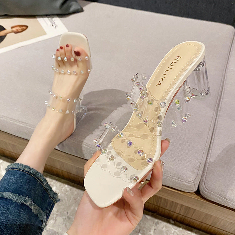 Women's Square Toe Chunky Transparent Summer Crystal Heels