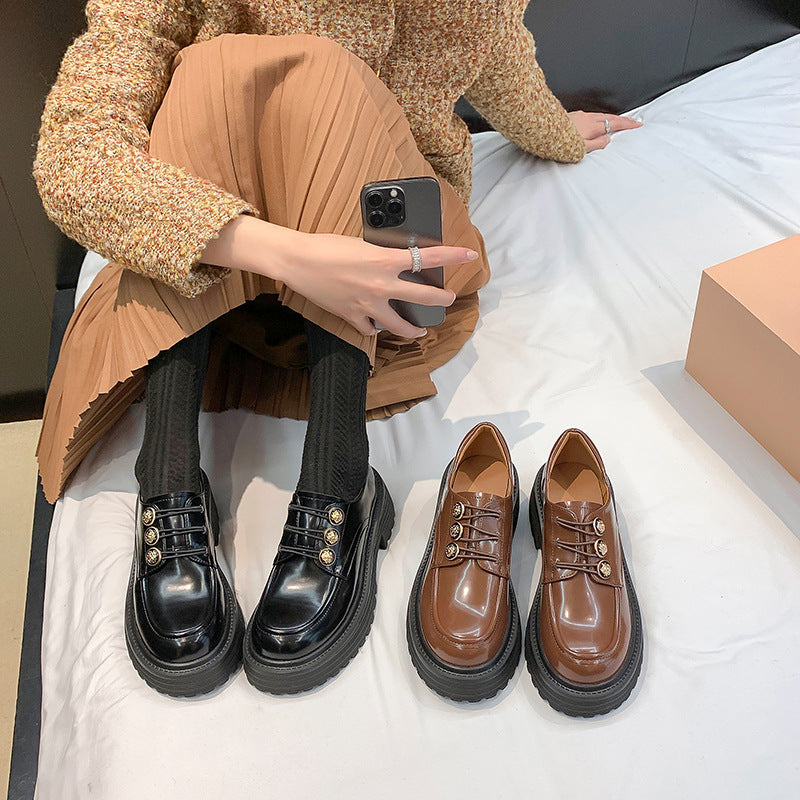 Women's Platform Spring Hepburn Style Retro British Thick Leather Shoes