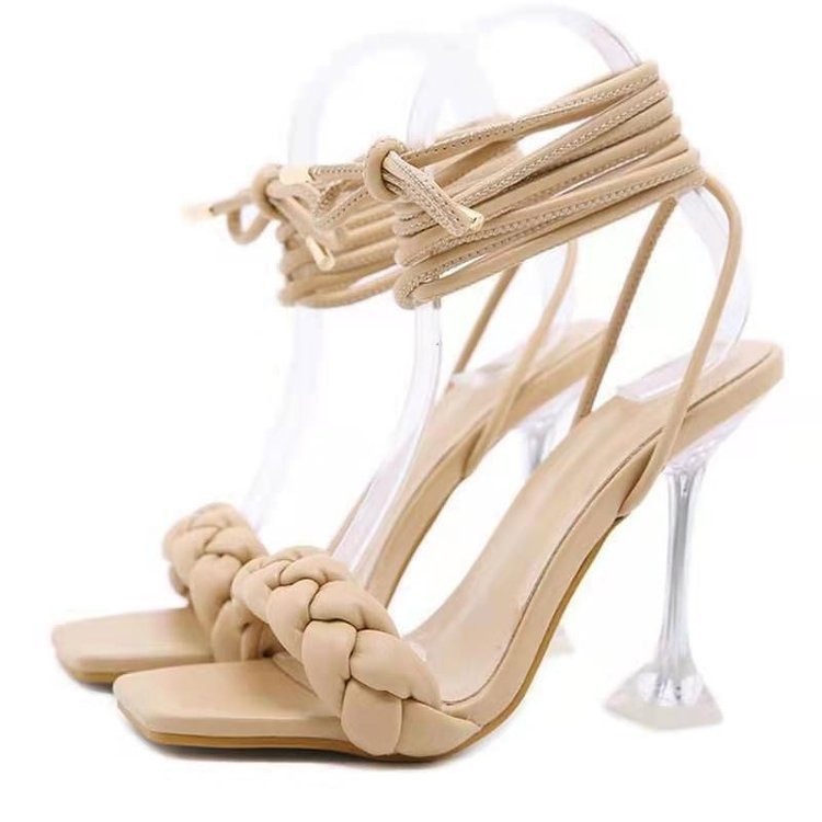 Women's Square Toe Woven Ankle Ring Bandage Heels