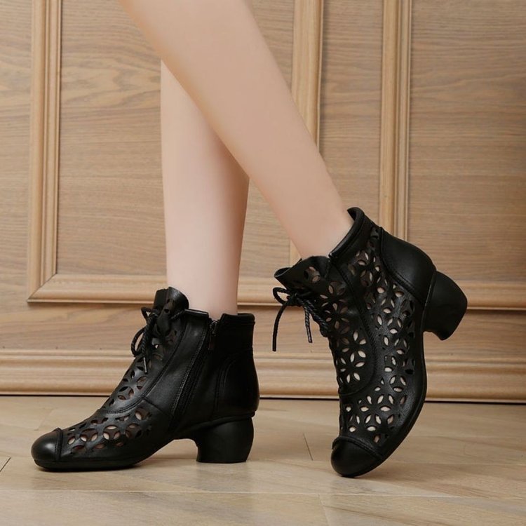 Hollow Out Breathable Ankle Retro Ethnic Style Real Heels