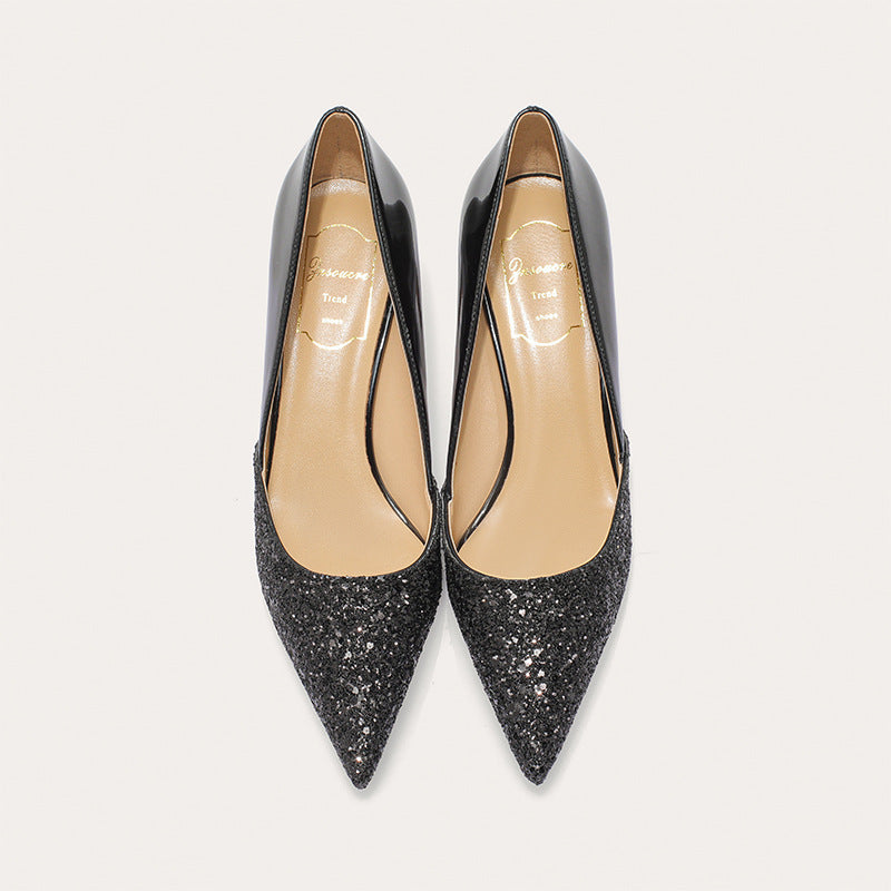 Women's Low-cut Pointed Sequined French Black Gold High Women's Shoes