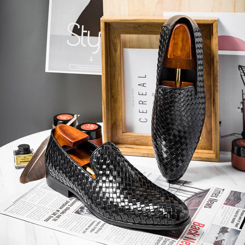 New Men's Cowhide Woven Slip-on Business Loafers