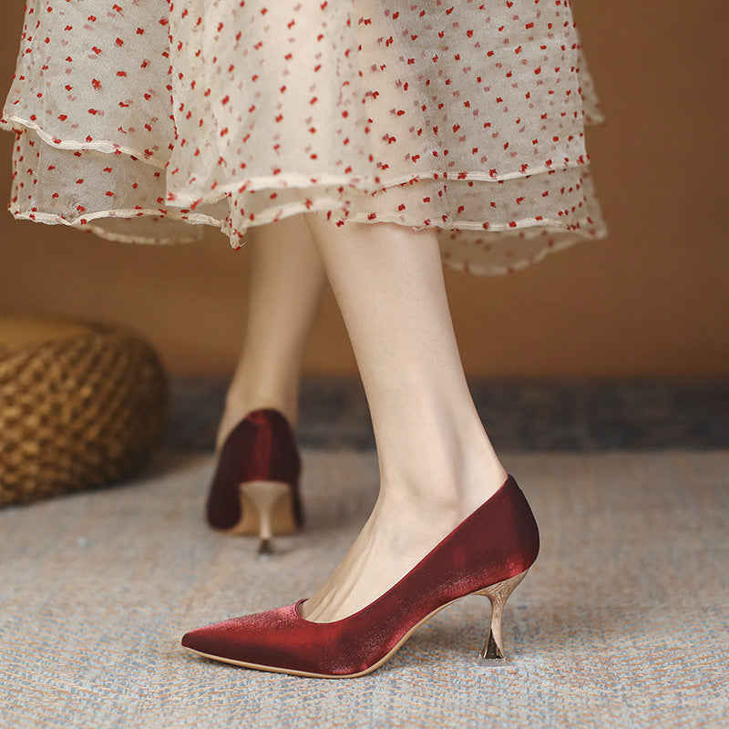 Wine-red High Not Tired Feet Bride Heels