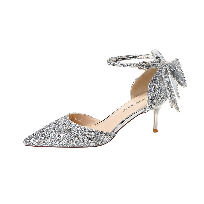 Women's High With Sequined Bow Buckle For Women's Shoes
