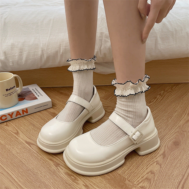 Women's Versatile Small Uniform Chunky High Leather Shoes