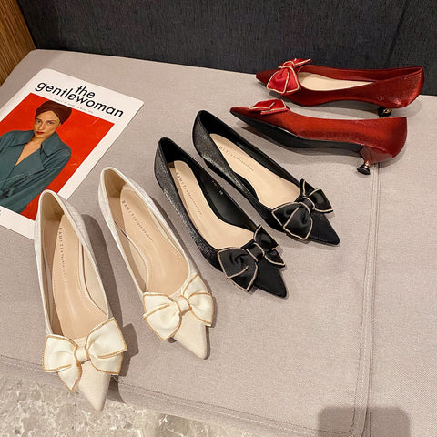 Women's Bow Low Pointed Stiletto Apricot Women's Shoes