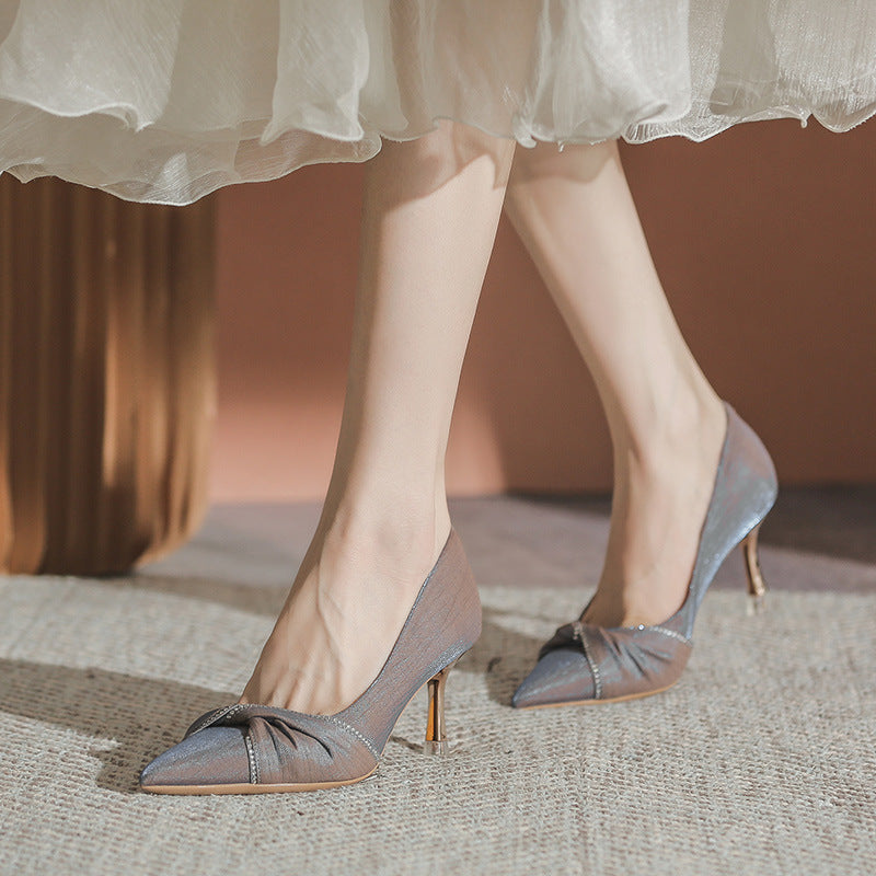 Women's Satin High Blue Banquet Temperament Low-cut Heels