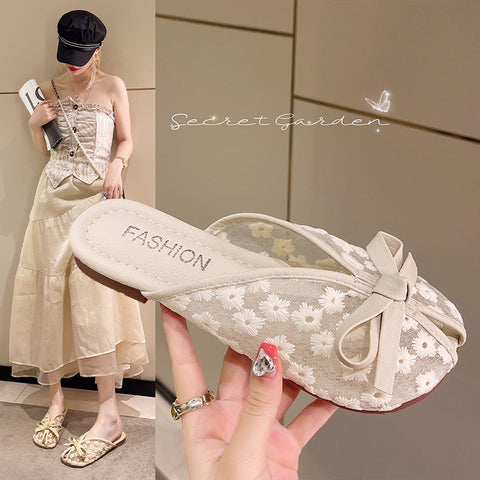 Women's Wear Bowknot Lace Embroidered Soft Bottom Slippers
