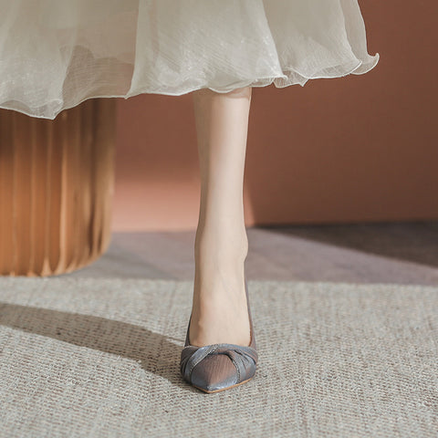 Women's Satin High Blue Banquet Temperament Low-cut Heels