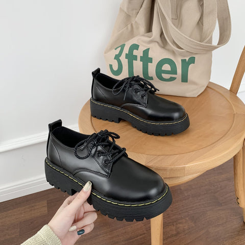 Women's Retro Round Toe Platform British Leather Shoes