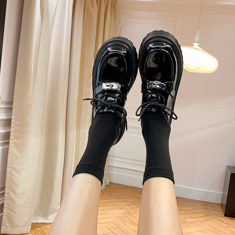 Women's British Style Retro Black Patent Chunky Leather Shoes