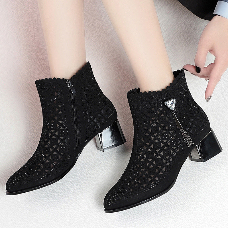 Charming Women's Mid Chunky Perforated Retro Heels