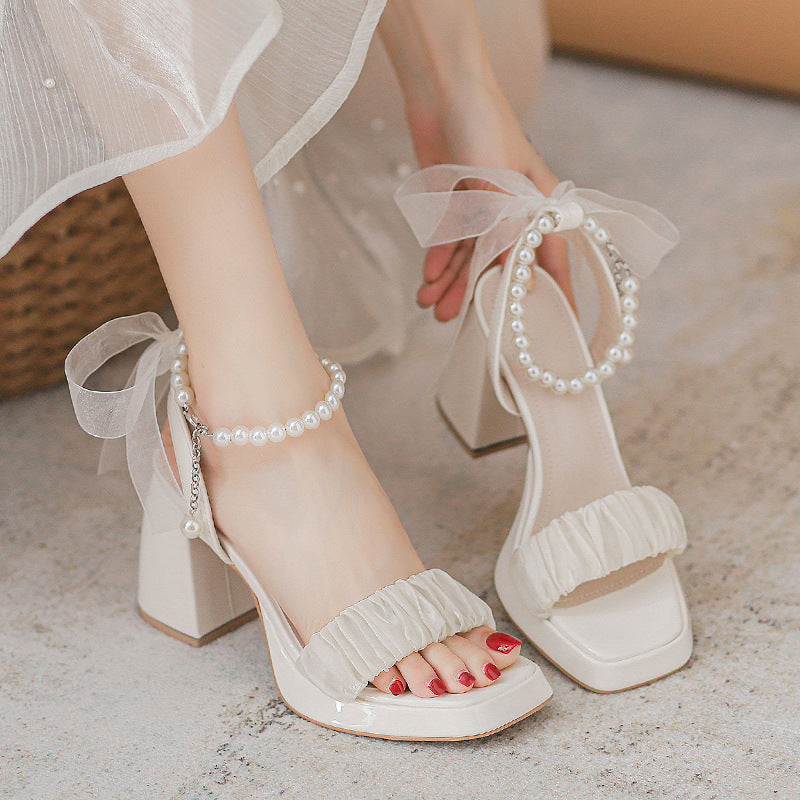 Women's Summer Chunky Platform Fashion Pearl Mary Heels