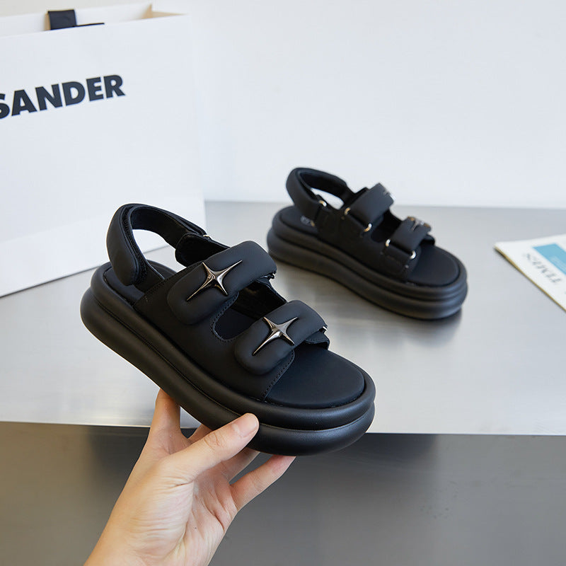 Women's Summer Wear Black Peep Toe Flat Sandals