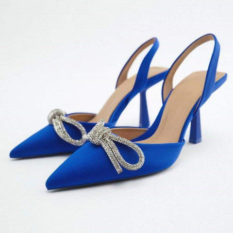 Women's Blue Rhinestone Butterfly Knot High Mules Sandals