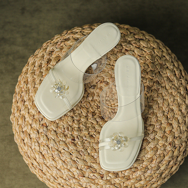 Women's With Transparent Tape Rhinestone Flowers Slippers