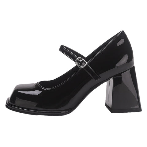 Women's Retro Black Preppy Style Buckle Square Leather Shoes