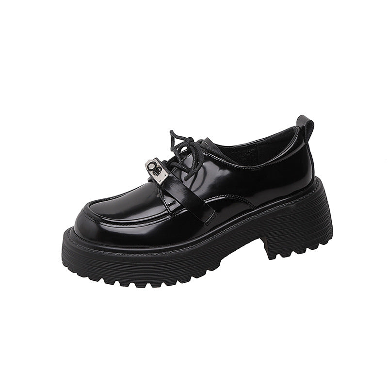 Women's British Style Retro Black Patent Chunky Leather Shoes