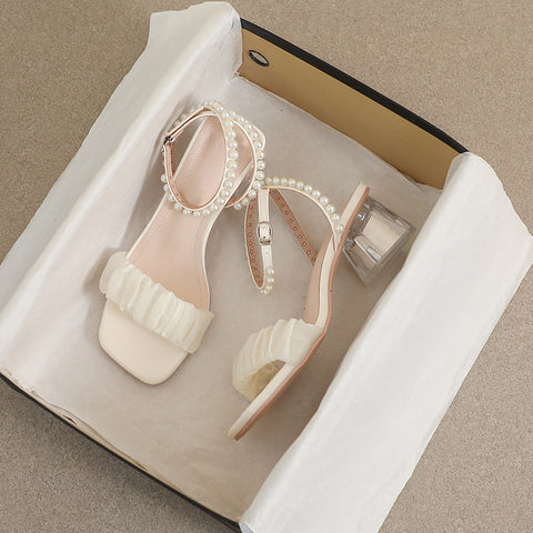 Women's Summer Popular French Chunky Crystal Pearl Heels