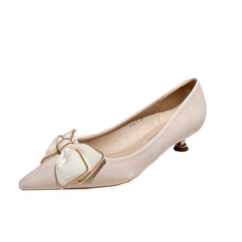 Women's Bow Low Pointed Stiletto Apricot Women's Shoes