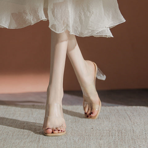 Women's Versatile One Strap Transparent High Chunky Heels
