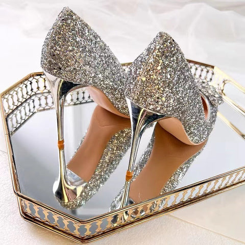 French Pointed Toe Stiletto Rhinestone Flower Women's Shoes