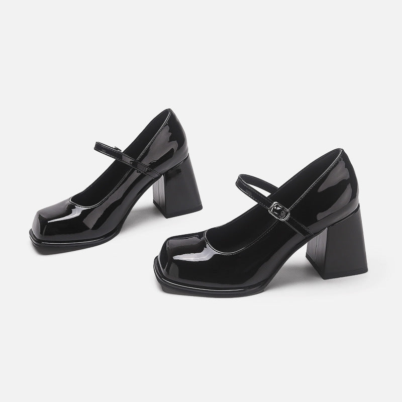 Women's Retro Black Preppy Style Buckle Square Leather Shoes