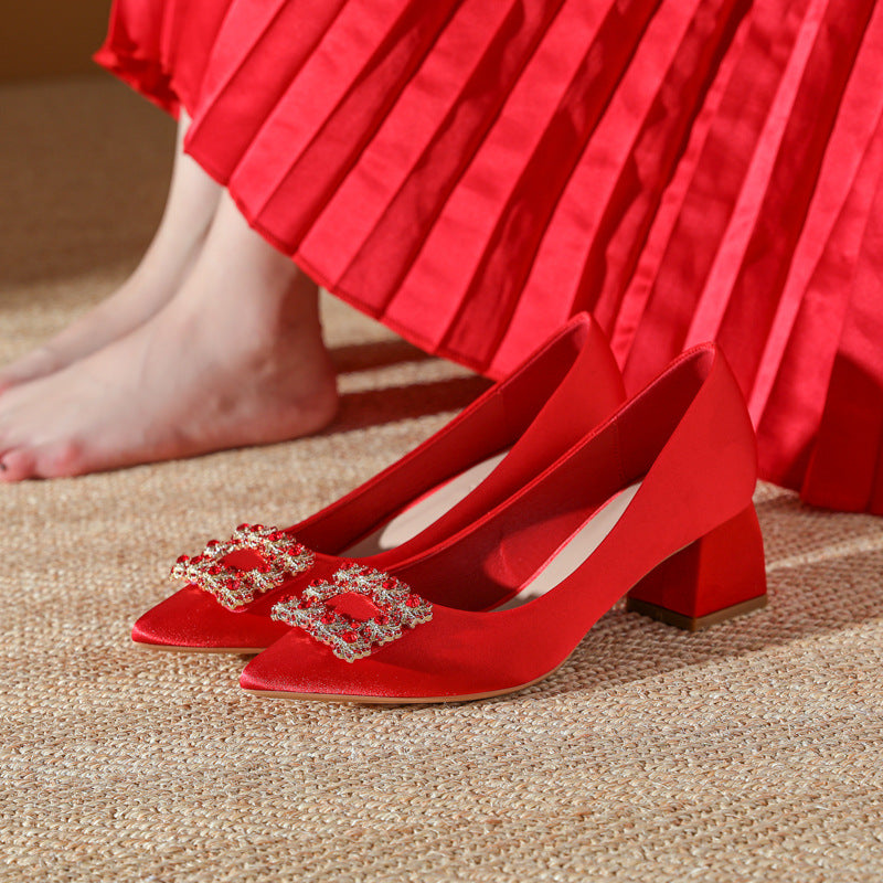 Women's Red High Rhinestone Wedding Chunky Banquet Women's Shoes