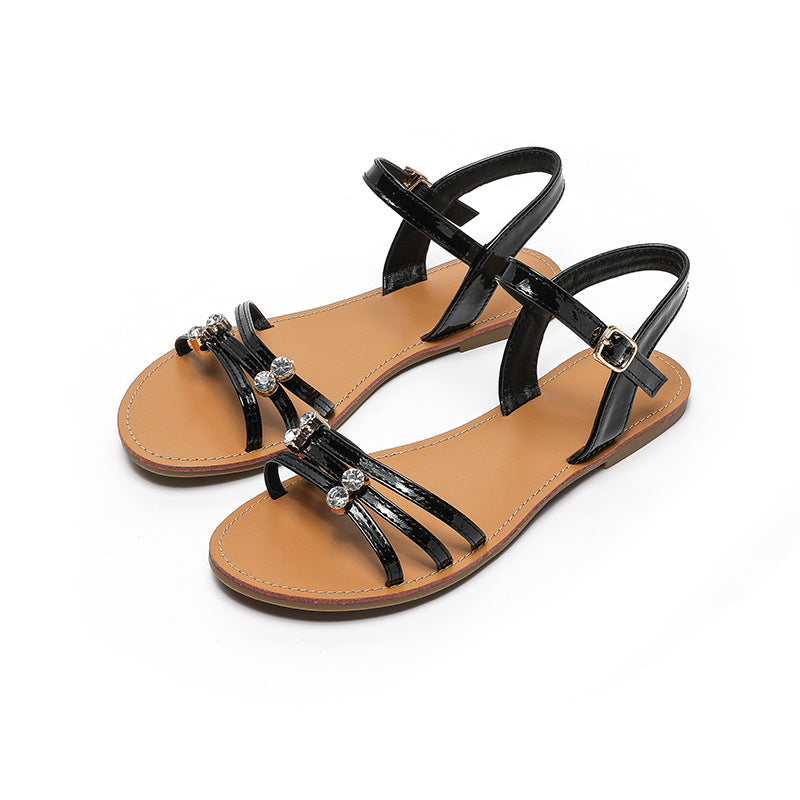 Women's Summer Fashionable Low Square Rhinestone Metal Sandals