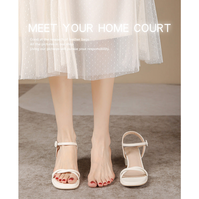 Women's Summer White Fashion Square Toe Thick Heels